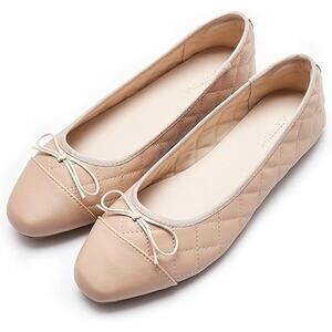 Afeetsing Womens Size 6 Tan Round Closed Toe Faux Leather Ballet Flats Shoes